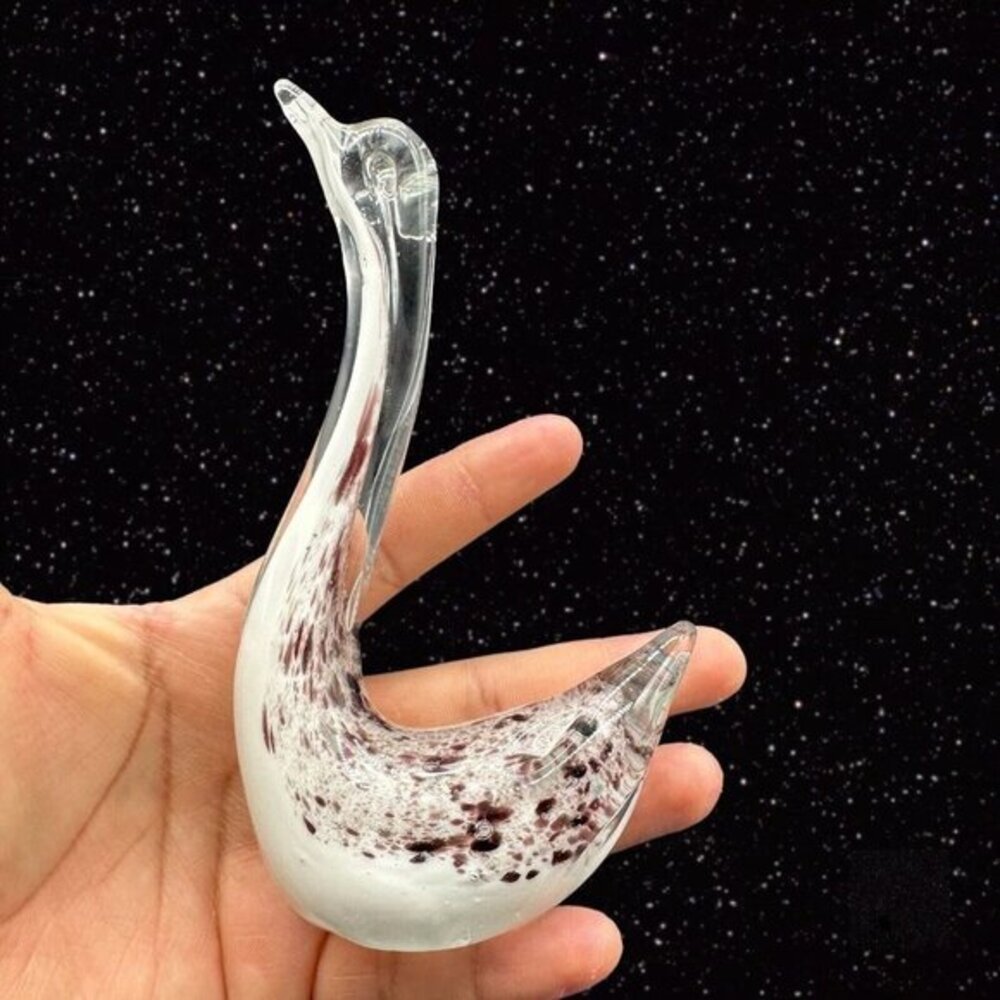 Art Glass Duck Swung Bird Figurine Paperweight White With Purple Dots 6”T 3.25”W